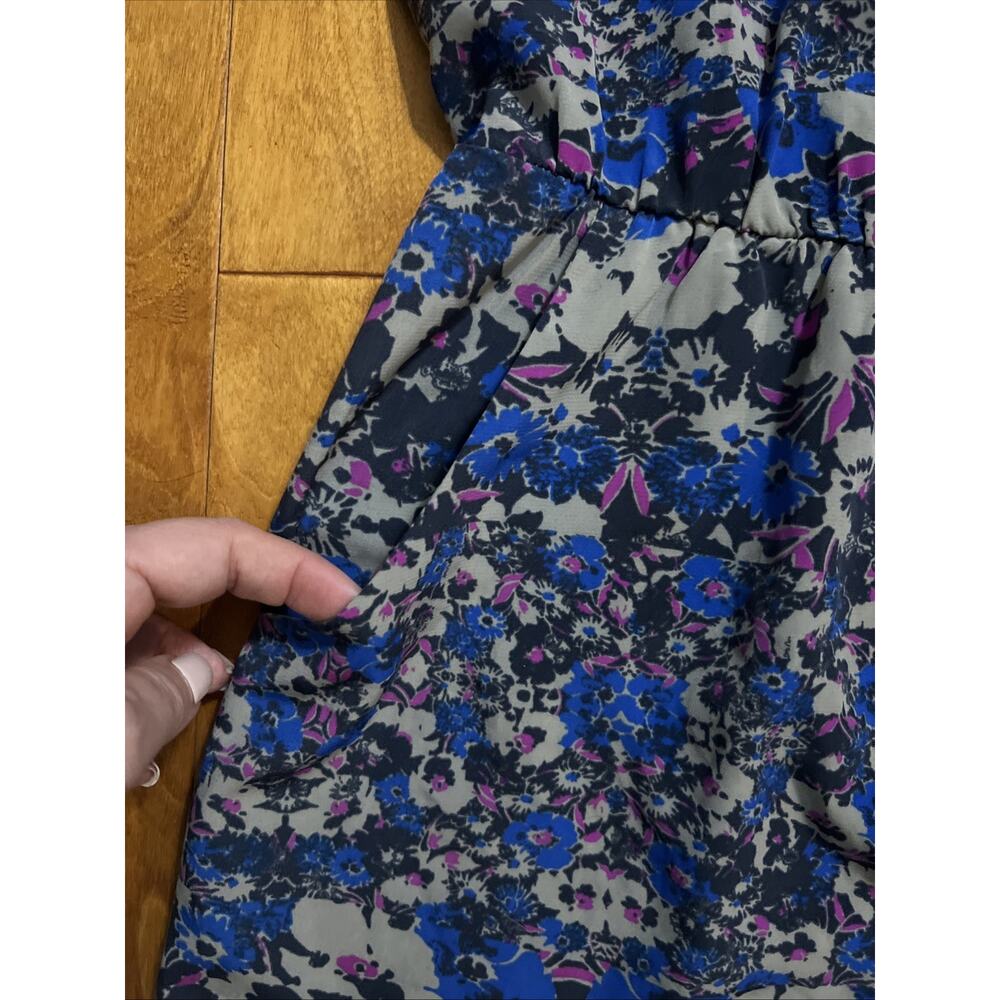 DKNY Jeans Floral Fit & Flare Mini Dress Size M Blue Ruffle Pockets Cottage Work - Picture 8 of 10
